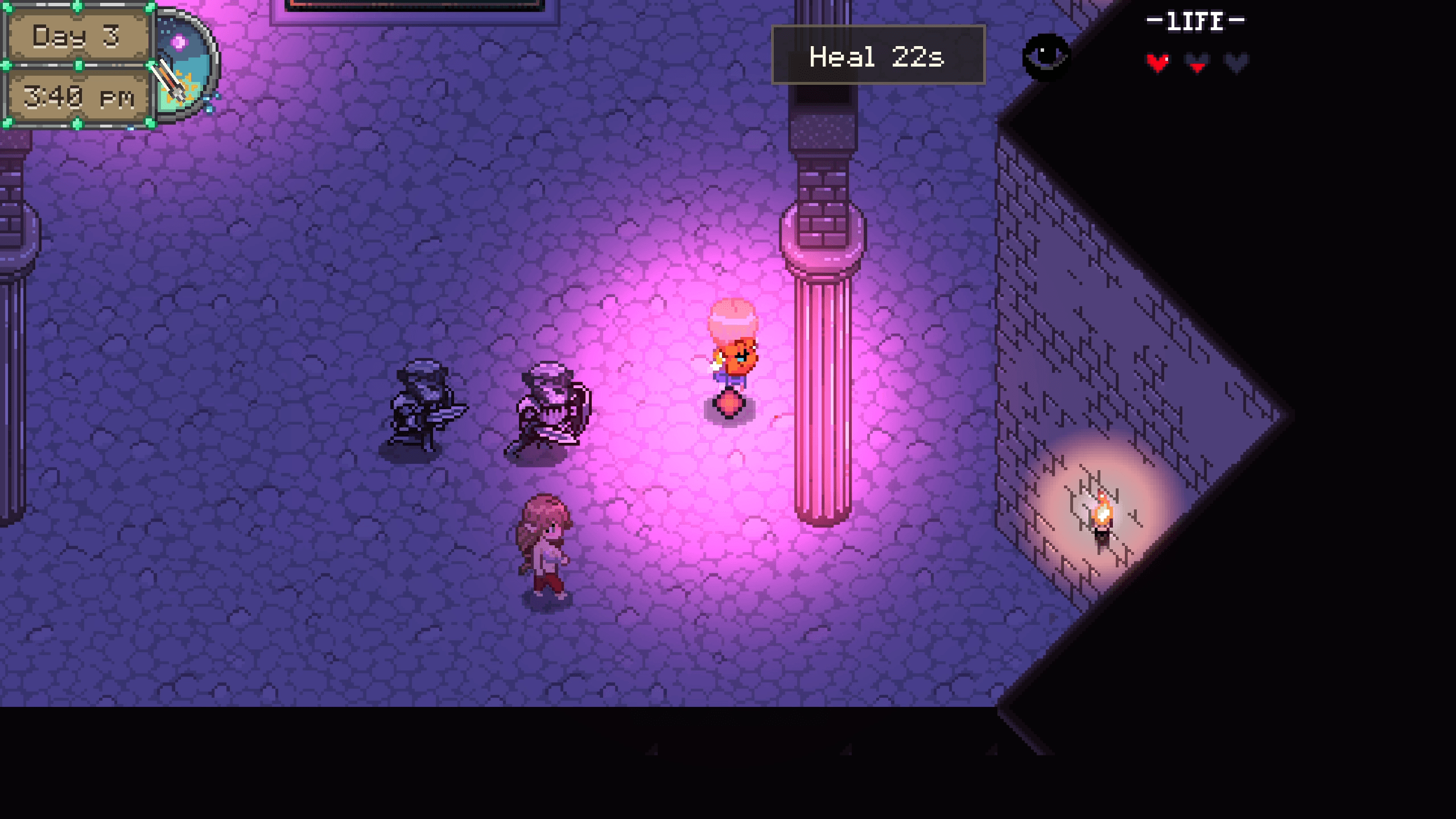 A purple healing effect surrounding the player in a dark dungeon