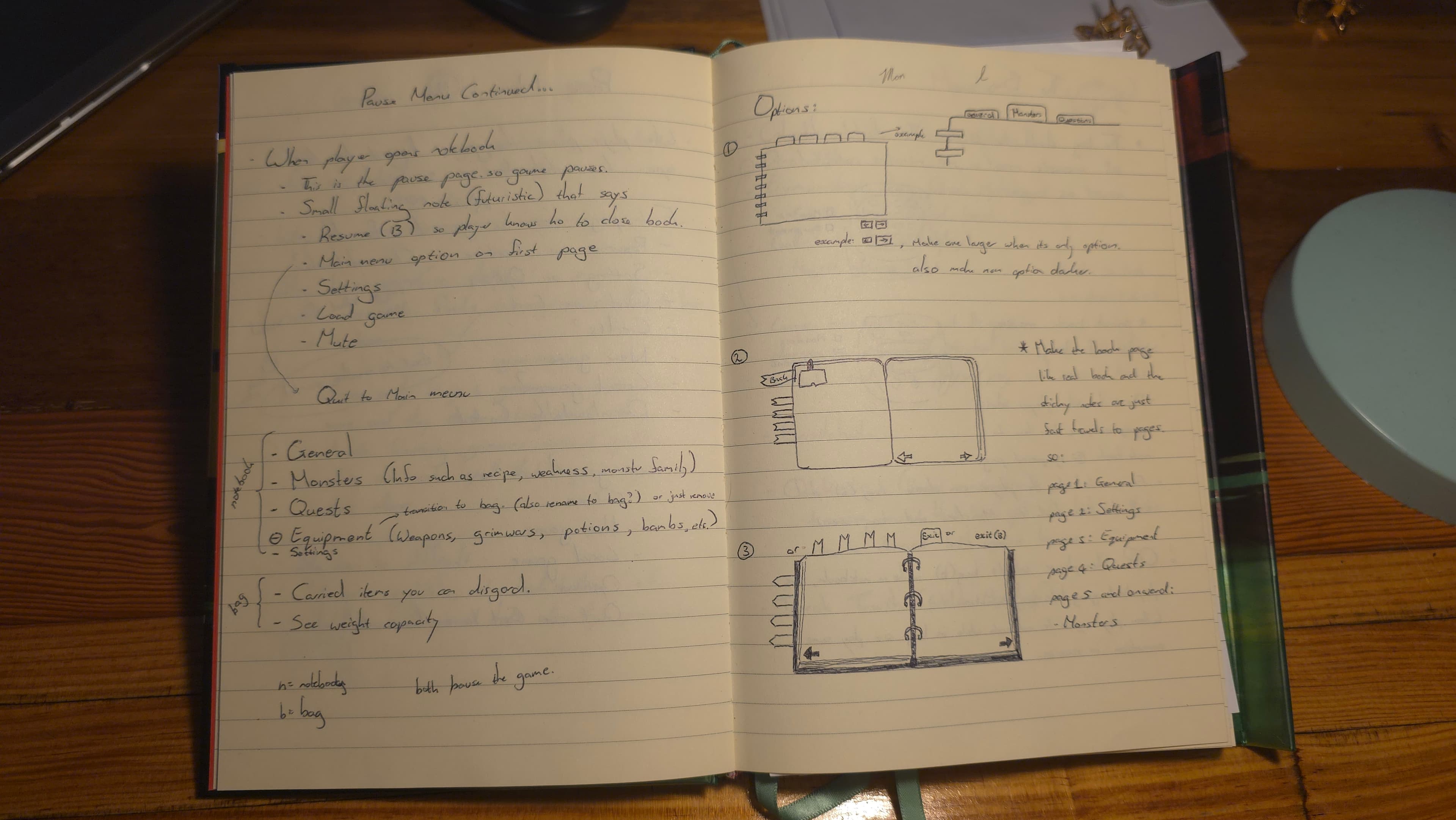 Open notebook filled with sketches for an in-world pause menu